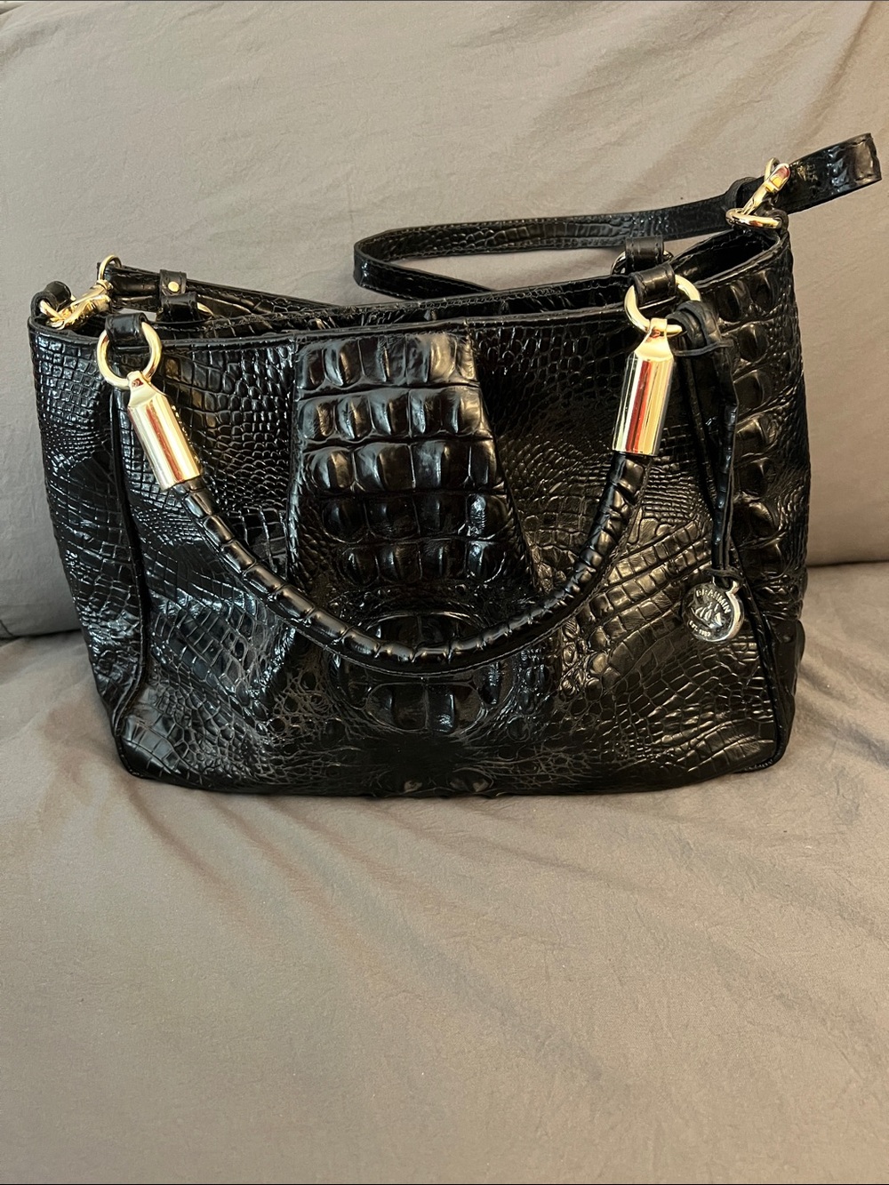 Brahmin Black Melbourne Croc Embossed Leather Shoulder Tote Bag - Gold Hardware
